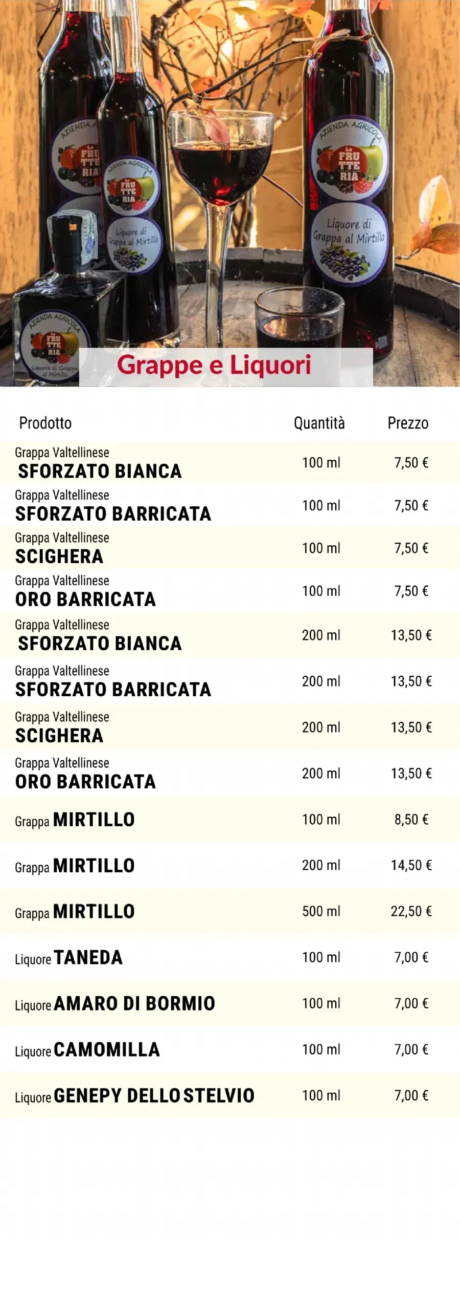 Listino online : Listino La Frutteria di De Petri Nicola Forcola (SO) Località Pasqualina, 8
