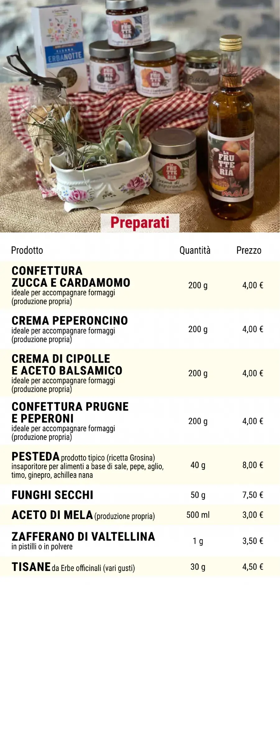 Listino online : Listino La Frutteria di De Petri Nicola Forcola (SO) Località Pasqualina, 8
