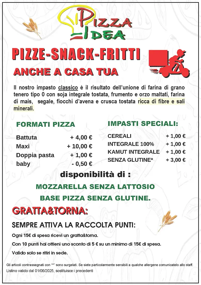 Listino online : Menu Pizze, snack, fritti Pizzaidea Ceggia
